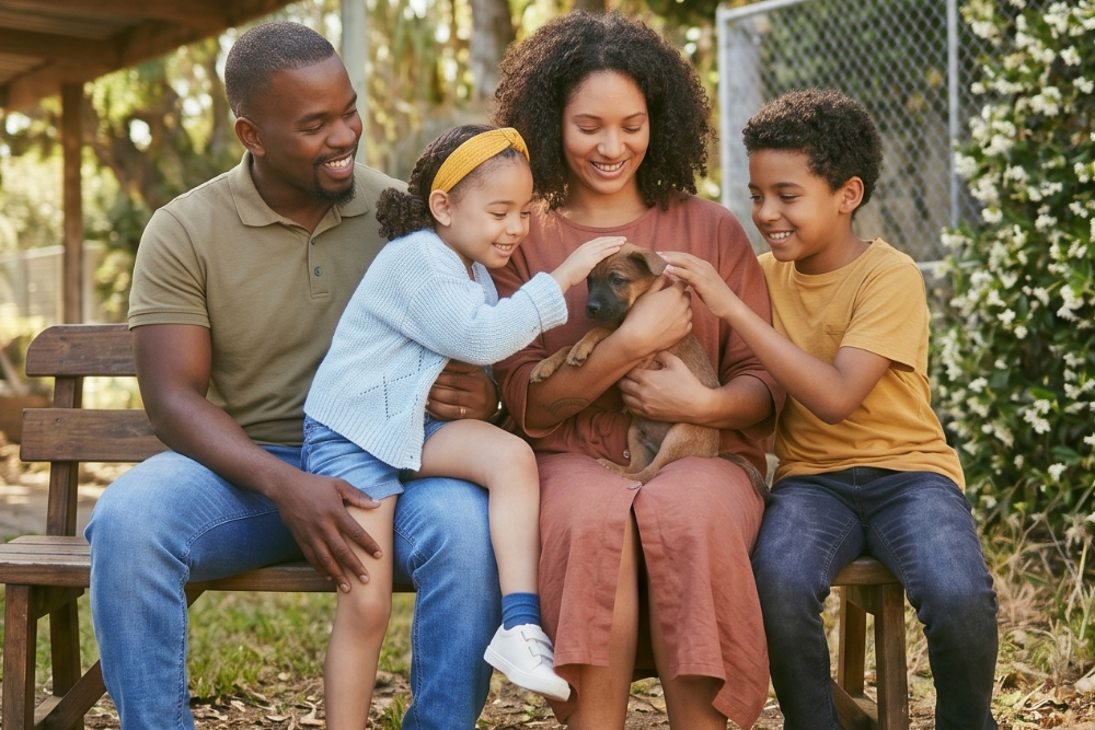 Family of four on a park bench cuddling a small brown puppy in sunlight.
