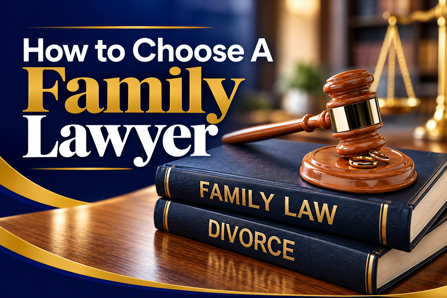 Poster-style image with the text 'How to Choose a Family Lawyer' and a gavel resting on stacked law books labeled 'Family Law' and 'Divorce' on a wooden desk, symbolizing legal guidance.