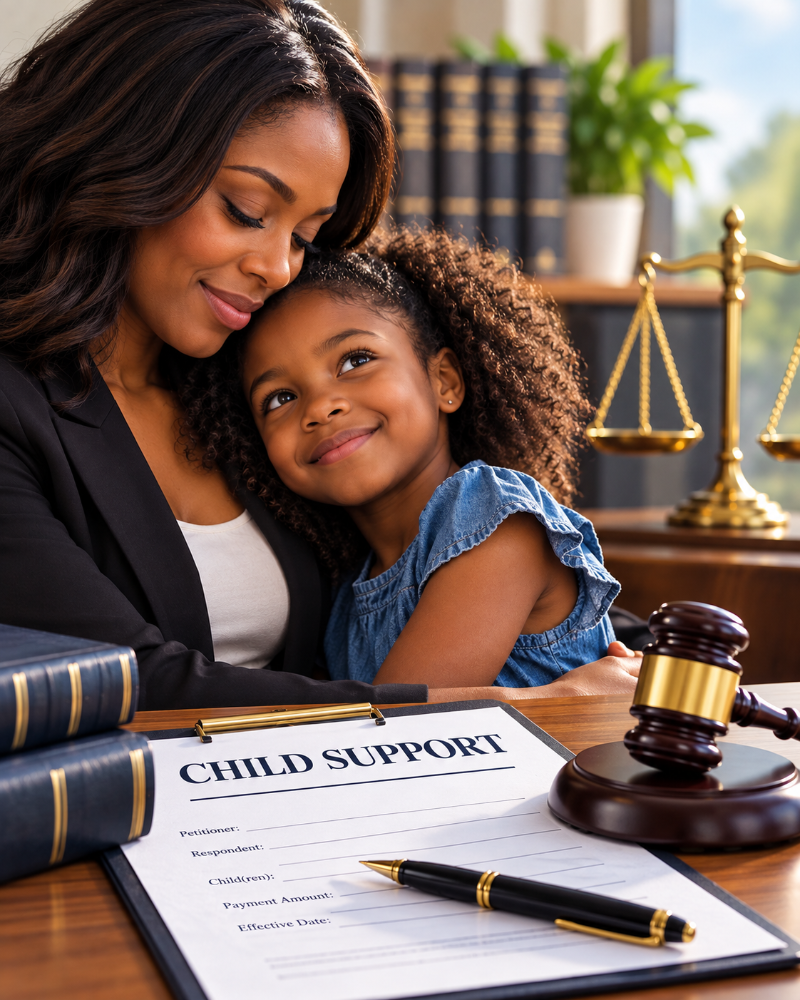 Caring Child Support Consultation - Dixon Law Firm A woman and a young girl hug at a desk with a child support form, gavel, and scales in a courtroom-like setting, conveying care and legal support.