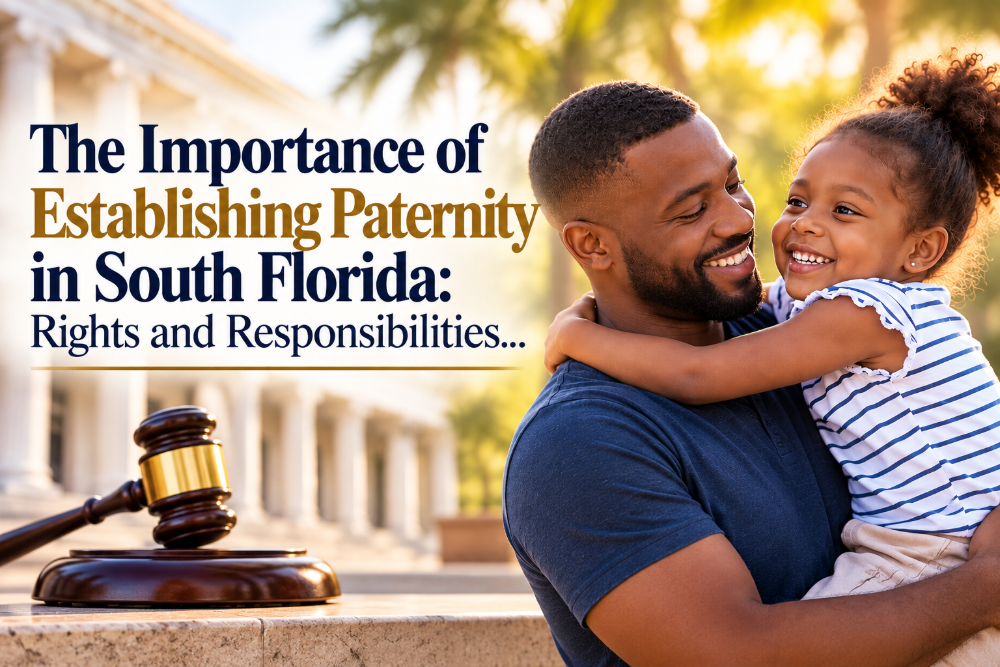 Father holding his smiling daughter with a courthouse gavel in the foreground and a headline about establishing paternity in South Florida: Rights and Responsibilities.