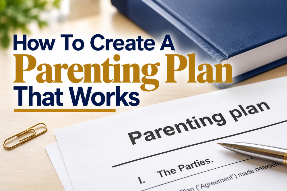 Cover image showing the title 'How To Create A Parenting Plan That Works' beside a parenting plan document and a blue notebook on a desk.
